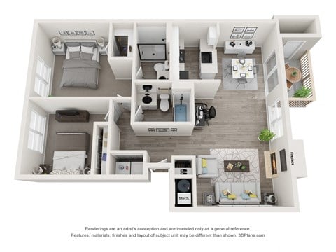 Floor plan for 2 beds, 2 baths, 986 sqft